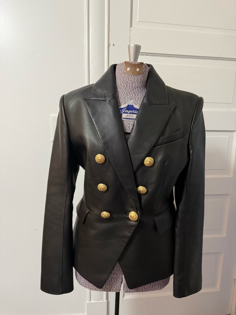 Balmain Black Double-Breasted Leather Blazer 40 NWT